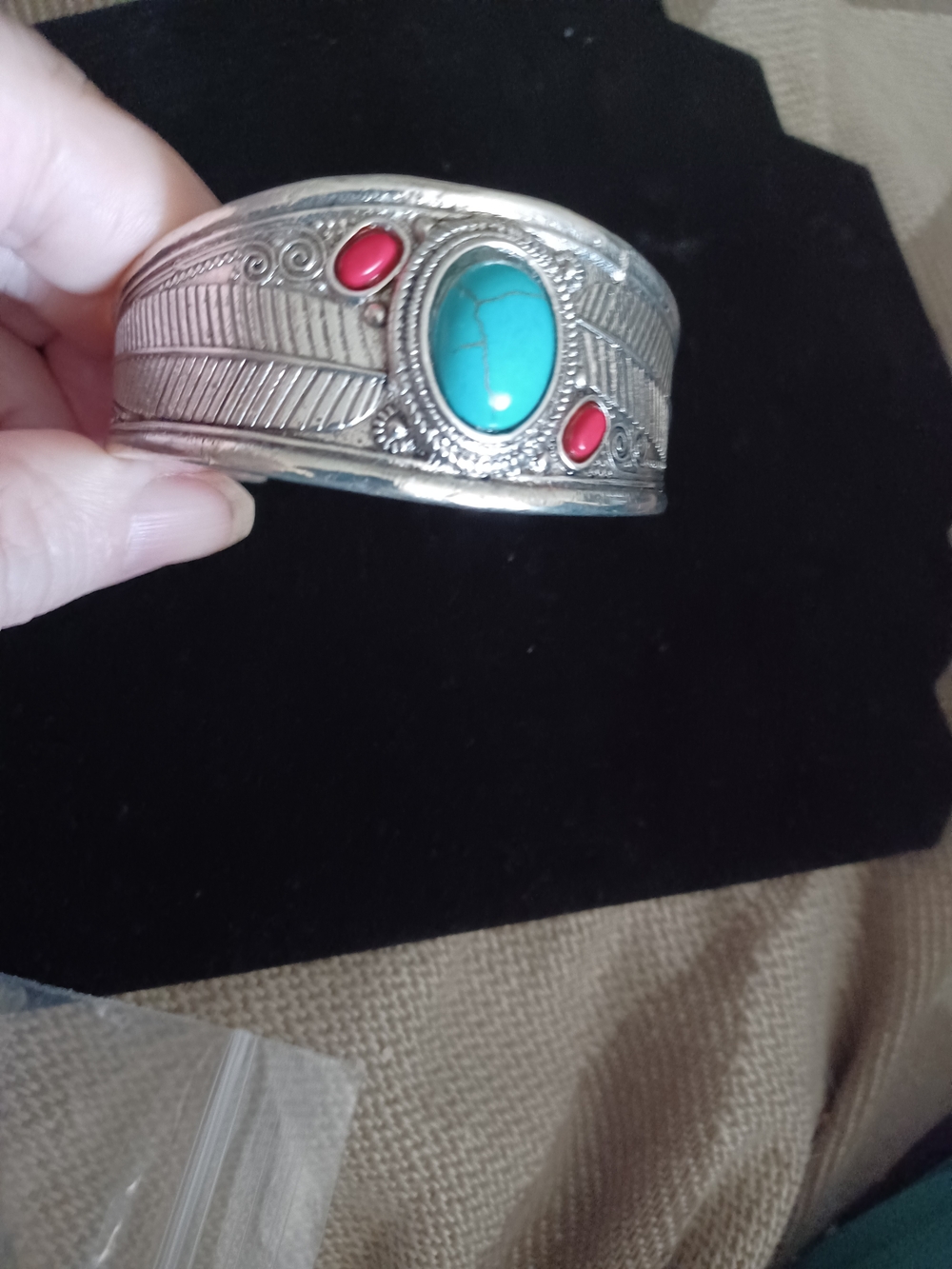 Faux Turquoise and Red Stone Engraved Silver Tone Cuff Bracelet WesternUnbranded